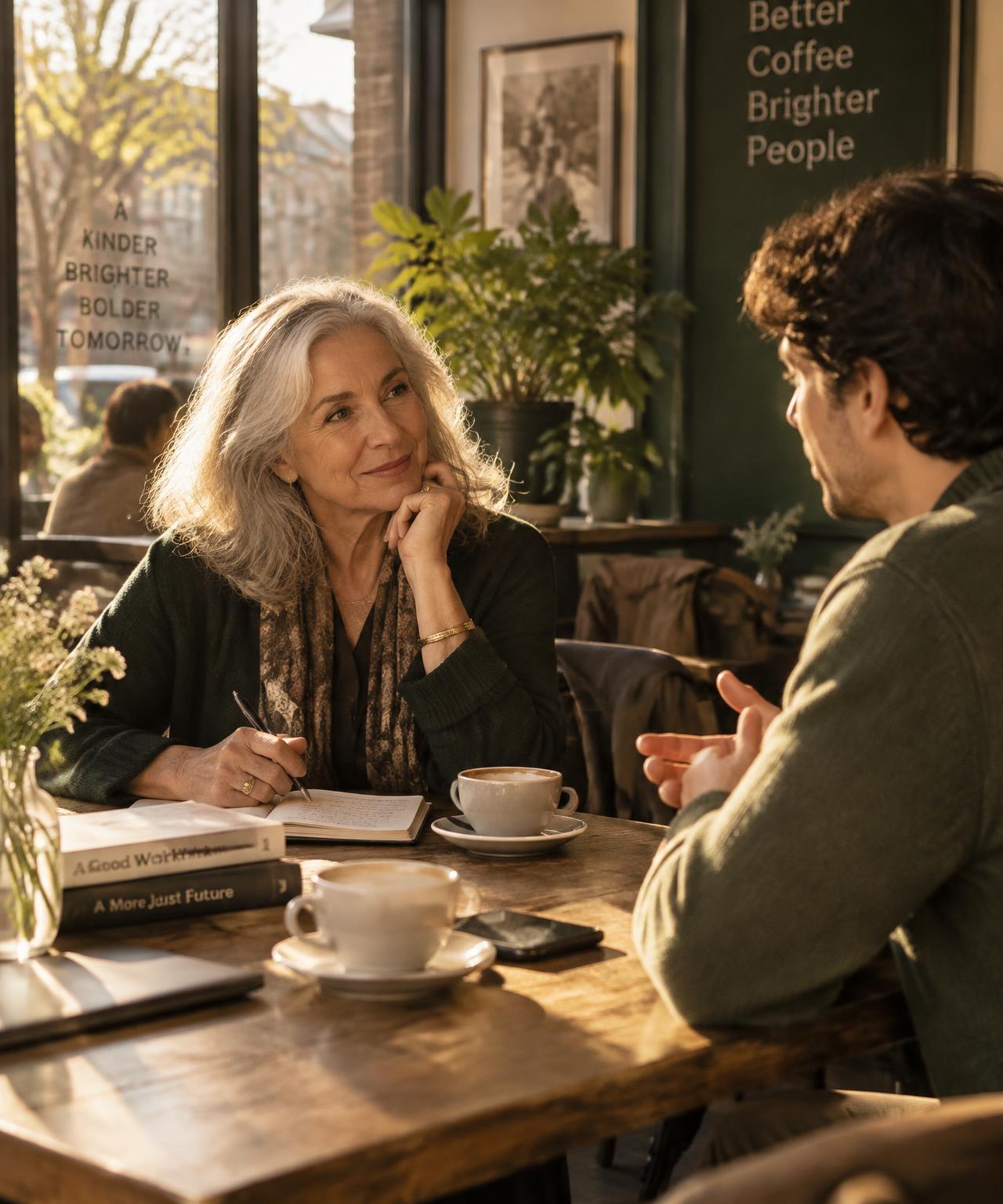 An experienced mentor in conversation with a young professional